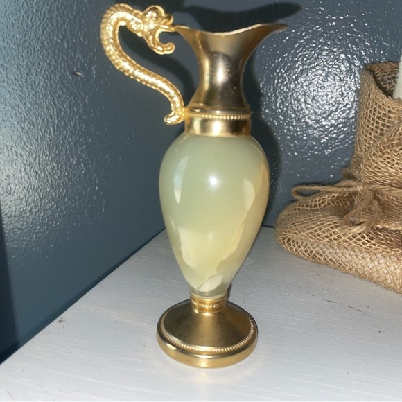 Vintage 1980 Chiseled Brass Onyx Dragon Handle Ewers Cambodia Pitcher Vase Gift - Picture 8 of 10